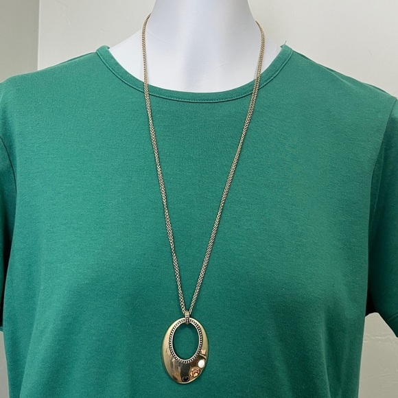 Lia Sophia Gold-tone Dual chain Design Necklace‎ Open Oval Pendant 31" - Picture 7 of 16